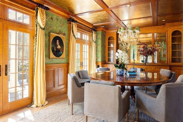 Chandelier, Dining room, Interior, Recessed Lighting, Wooden Beams, Wooden Ceilings, Wood Texture Flooring