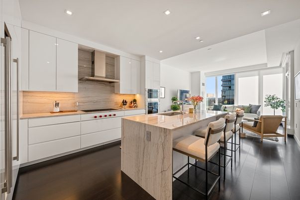 Interior, Kitchen, Living room, Recessed Lighting, Stainless Steel Appliances, Wood Texture Flooring
