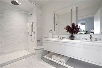 Bathroom, Glass Shower, Interior, Marble Walls, Recessed Lighting