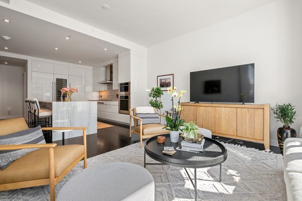 Dining room, Interior, Kitchen, Living room, Recessed Lighting, Stainless Steel Appliances, Wood Texture Flooring