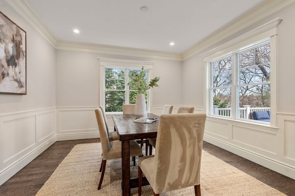 Dining room, Interior, Recessed Lighting, Wood Texture Flooring