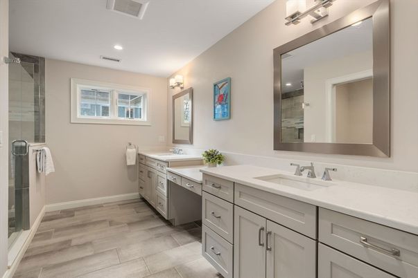Bathroom, Dual Sink Vanities, Interior, Recessed Lighting, Wood Texture Flooring