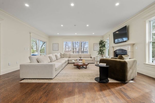 Fireplace, Interior, Living room, Recessed Lighting, Wood Texture Flooring