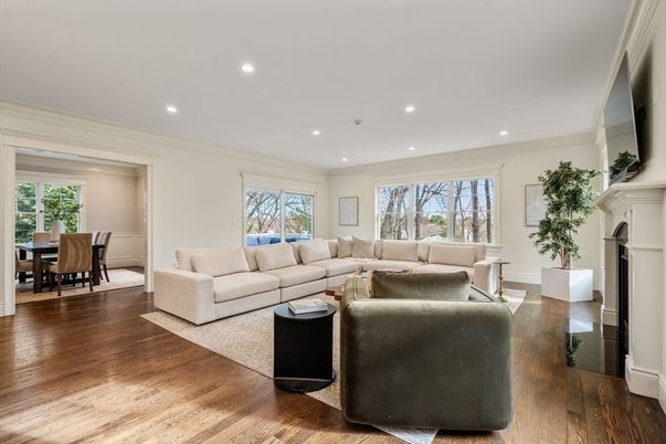 Dining room, Fireplace, Interior, Living room, Recessed Lighting, Wood Texture Flooring