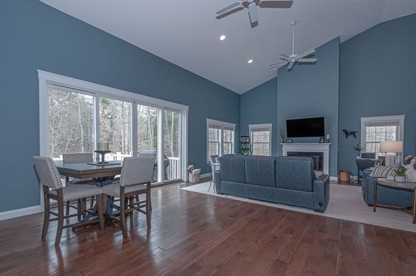 Dining room, Fireplace, Interior, Living room, Recessed Lighting, Wood Texture Flooring