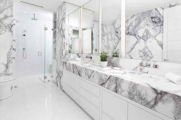 Bathroom, Glass Shower, Interior, Marble, Marble Walls, Recessed Lighting
