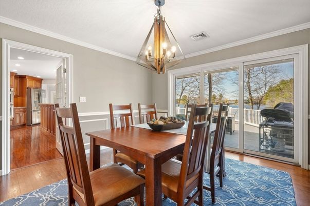 Chandelier, Dining room, Interior, Kitchen, Recessed Lighting, Wood Texture Flooring