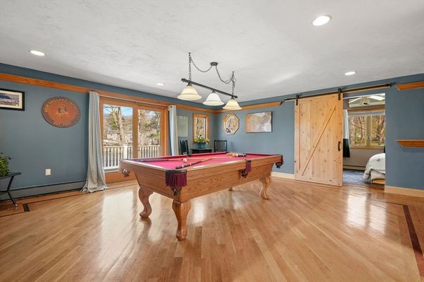Billiard Table, Game Room, Interior, Pendant Lights, Recessed Lighting, Wood Texture Flooring