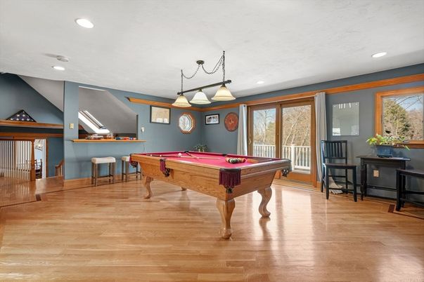 Billiard Table, Game Room, Interior, Pendant Lights, Recessed Lighting, Wood Texture Flooring