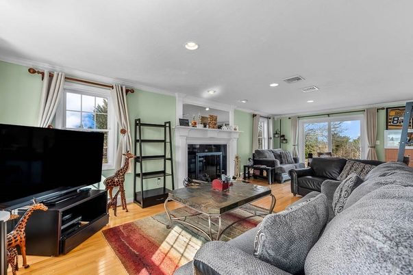 Fireplace, Interior, Living room, Recessed Lighting, Wood Texture Flooring