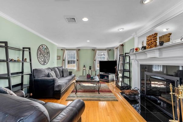 Fireplace, Interior, Living room, Recessed Lighting, Wood Texture Flooring