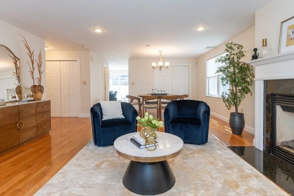 Chandelier, Dining room, Fireplace, Interior, Living room, Recessed Lighting, Wood Texture Flooring