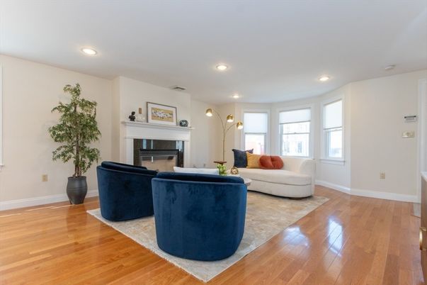 Fireplace, Interior, Living room, Recessed Lighting, Wood Texture Flooring
