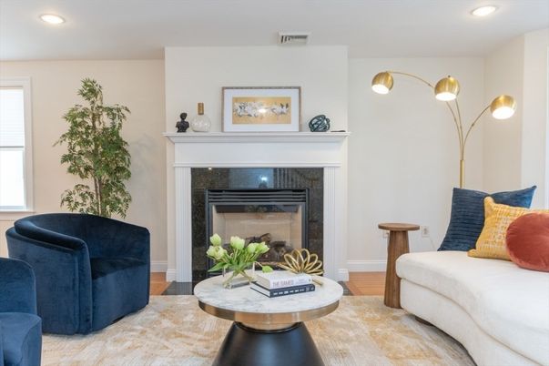 Fireplace, Interior, Recessed Lighting, Wood Texture Flooring