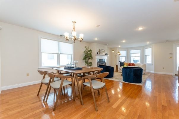 Chandelier, Dining room, Fireplace, Interior, Living room, Recessed Lighting, Wood Texture Flooring