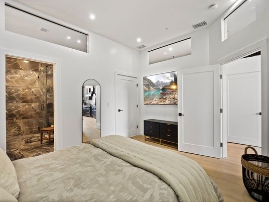 Bedroom, Interior, Recessed Lighting, Wood Texture Flooring