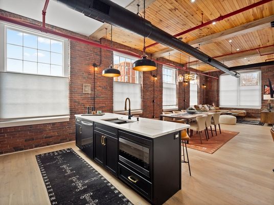 Dining room, Interior, Kitchen, Pendant Lights, Stainless Steel Appliances, Stone Walls, Wooden Beams, Wooden Ceilings, Wood Texture Flooring