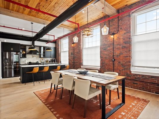 Dining room, Interior, Kitchen, Pendant Lights, Stainless Steel Appliances, Stone Walls, Wooden Beams, Wooden Ceilings, Wood Texture Flooring