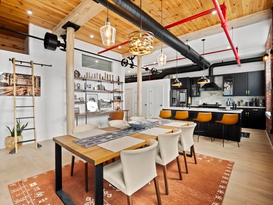 Dining room, Interior, Kitchen, Pendant Lights, Recessed Lighting, Wooden Beams, Wooden Ceilings, Wood Texture Flooring
