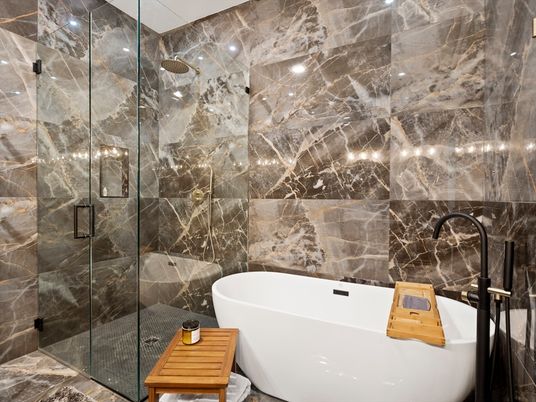 Bathroom, Free Standing Baths, Glass Shower, Interior, Marble Walls