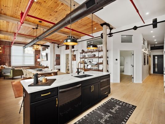 Interior, Kitchen, Pendant Lights, Recessed Lighting, Stone Walls, Wooden Beams, Wooden Ceilings, Wood Texture Flooring