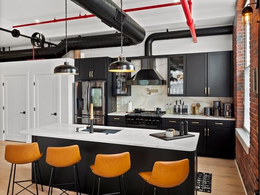 Interior, Kitchen, Pendant Lights, Stainless Steel Appliances, Stone Walls, Wood Texture Flooring