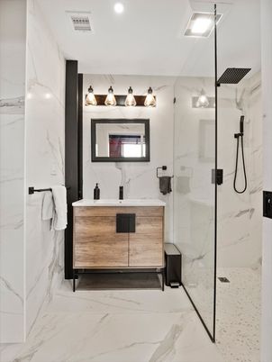 Bathroom, Glass Shower, Interior, Marble, Marble Walls, Recessed Lighting