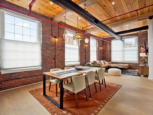 Dining room, Interior, Pendant Lights, Stone Walls, Wooden Beams, Wooden Ceilings, Wood Texture Flooring