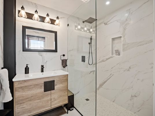 Bathroom, Glass Shower, Interior, Marble Walls, Recessed Lighting