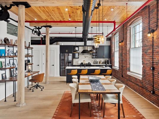 Dining room, Interior, Kitchen, Pendant Lights, Recessed Lighting, Stainless Steel Appliances, Stone Walls, Wooden Beams, Wooden Ceilings, Wood Texture Flooring