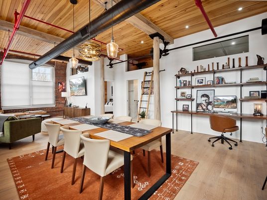 Dining room, Interior, Pendant Lights, Recessed Lighting, Wooden Beams, Wooden Ceilings, Wood Texture Flooring