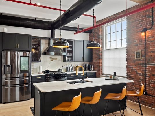 Interior, Kitchen, Pendant Lights, Stainless Steel Appliances, Stone Walls, Wood Texture Flooring