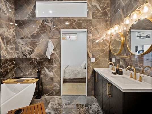 Bathroom, Dual Sink Vanities, Free Standing Baths, Interior, Marble Walls