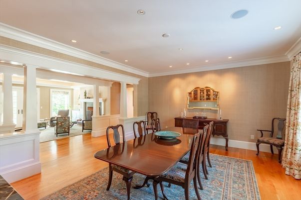 Dining room, Interior, Recessed Lighting, Wood Texture Flooring