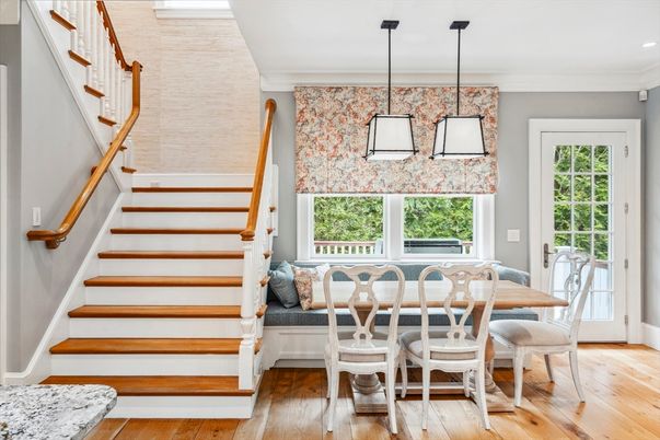 Dining room, Interior, Pendant Lights, Recessed Lighting, Wood Texture Flooring