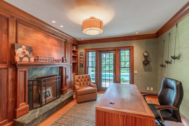 Fireplace, Home Office, Interior, Recessed Lighting, Wooden Walls