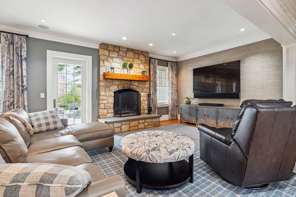 Fireplace, Interior, Living room, Recessed Lighting, Stone Walls
