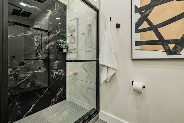 Bathroom, Glass Shower, Interior, Marble Walls, Recessed Lighting