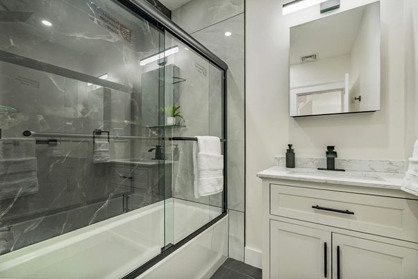 Bathroom, Glass Shower, Interior, Marble Walls, Recessed Lighting