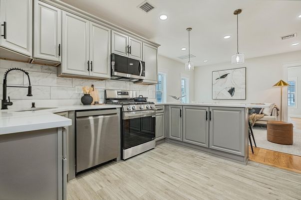 Interior, Kitchen, Pendant Lights, Recessed Lighting, Stainless Steel Appliances, Wood Texture Flooring