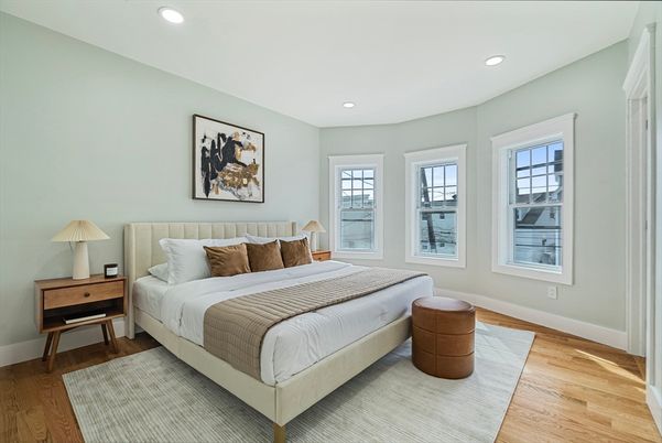 Bedroom, Interior, Recessed Lighting, Wood Texture Flooring