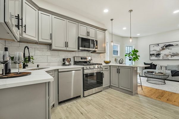 Interior, Kitchen, Pendant Lights, Recessed Lighting, Stainless Steel Appliances, Wood Texture Flooring