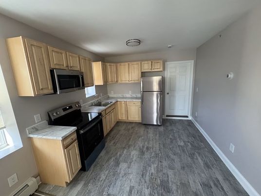Interior, Kitchen, Stainless Steel Appliances, Tile Countertops, Wood Texture Flooring