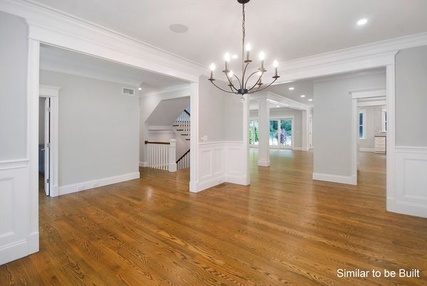 Chandelier, Empty room, Interior, Recessed Lighting, Wood Texture Flooring