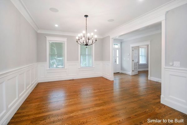 Chandelier, Empty room, Interior, Recessed Lighting, Wood Texture Flooring