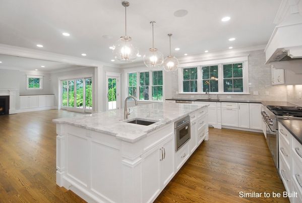 Fireplace, Interior, Kitchen, Pendant Lights, Recessed Lighting, Stainless Steel Appliances, Wood Texture Flooring