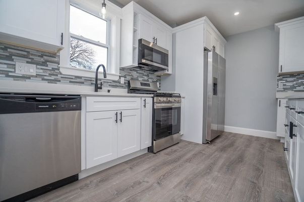 Interior, Kitchen, Pendant Lights, Recessed Lighting, Stainless Steel Appliances, Wood Texture Flooring