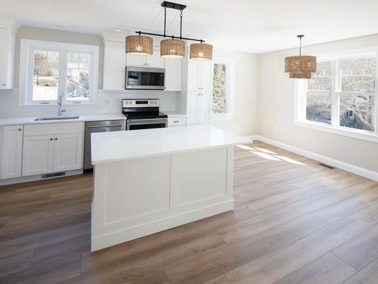 Chandelier, Interior, Kitchen, Pendant Lights, Recessed Lighting, Stainless Steel Appliances, Wood Texture Flooring