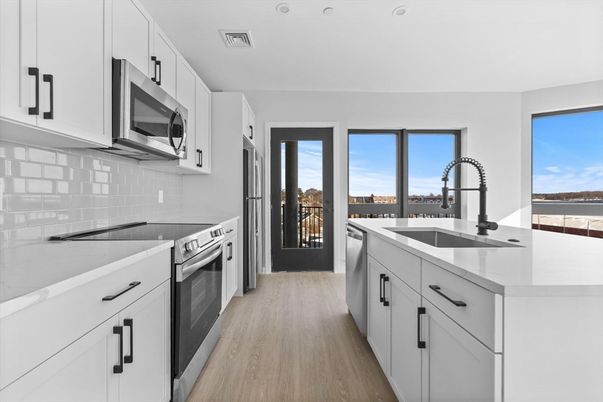 Interior, Kitchen, Recessed Lighting, Stainless Steel Appliances, Water, Wood Texture Flooring