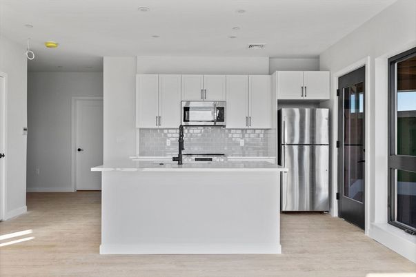 Interior, Kitchen, Recessed Lighting, Stainless Steel Appliances, Wood Texture Flooring